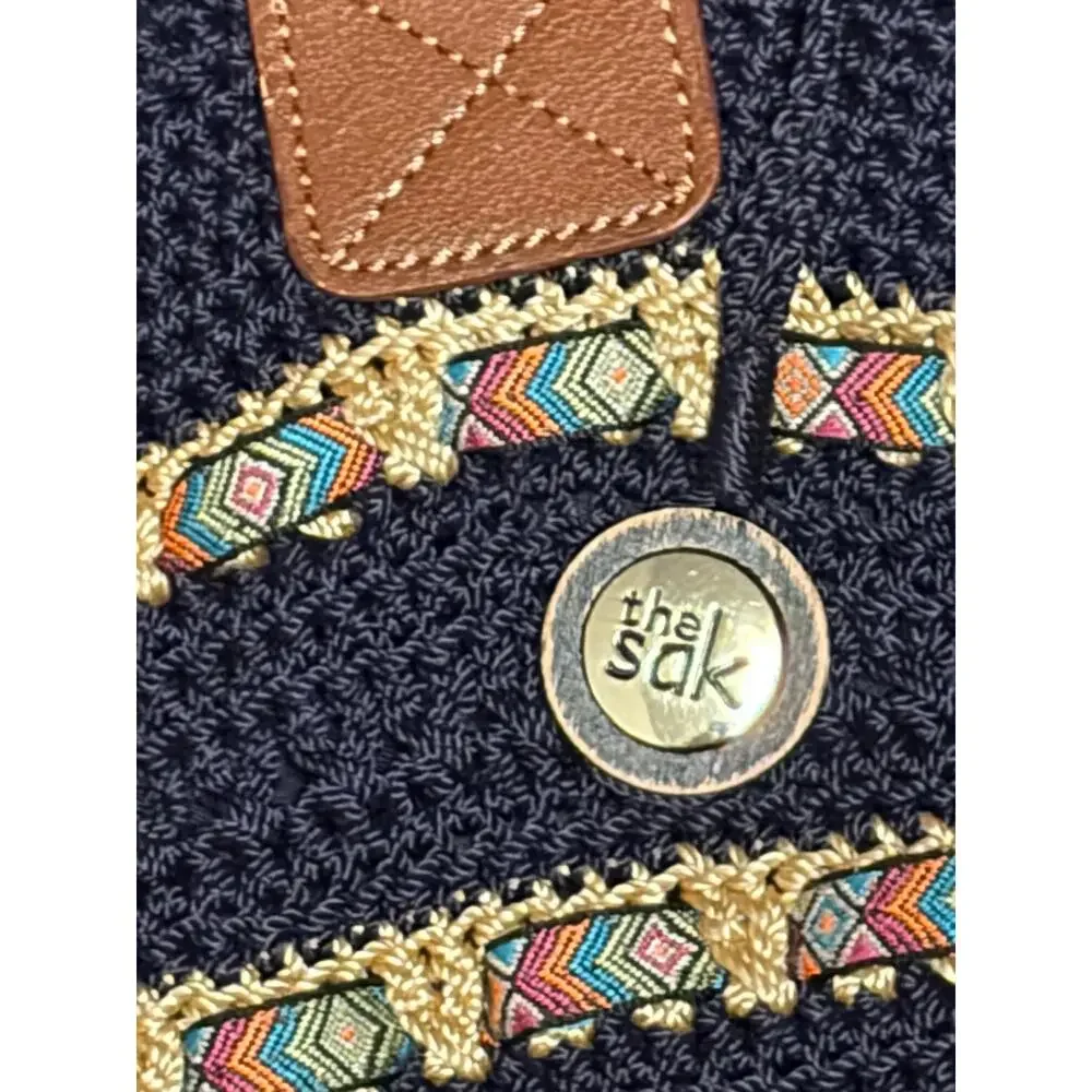 The Sak Navy Crochet Shoulder Tote Bag Boho Tribal Stripe Large